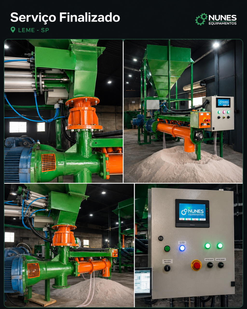 Projeto industrial finalizado pela Nunes Equipamentos em Leme, São Paulo, com equipamento instalado e painel de comando.
